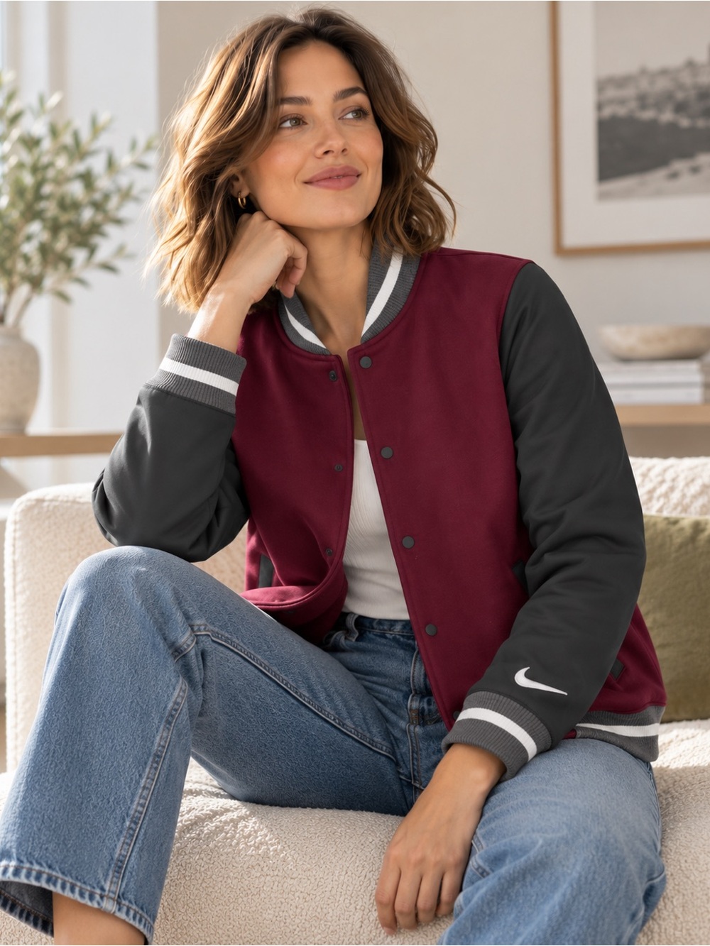 Nike Women’s Letterman Varsity Bomber Jacket Burgundy Maroon Gray Size M NWT